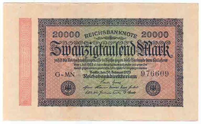 (1923) Банкнота Германия 1923 год 20 000 марок &quot;Вод знак Скрепки&quot; 2-й выпуск  XF